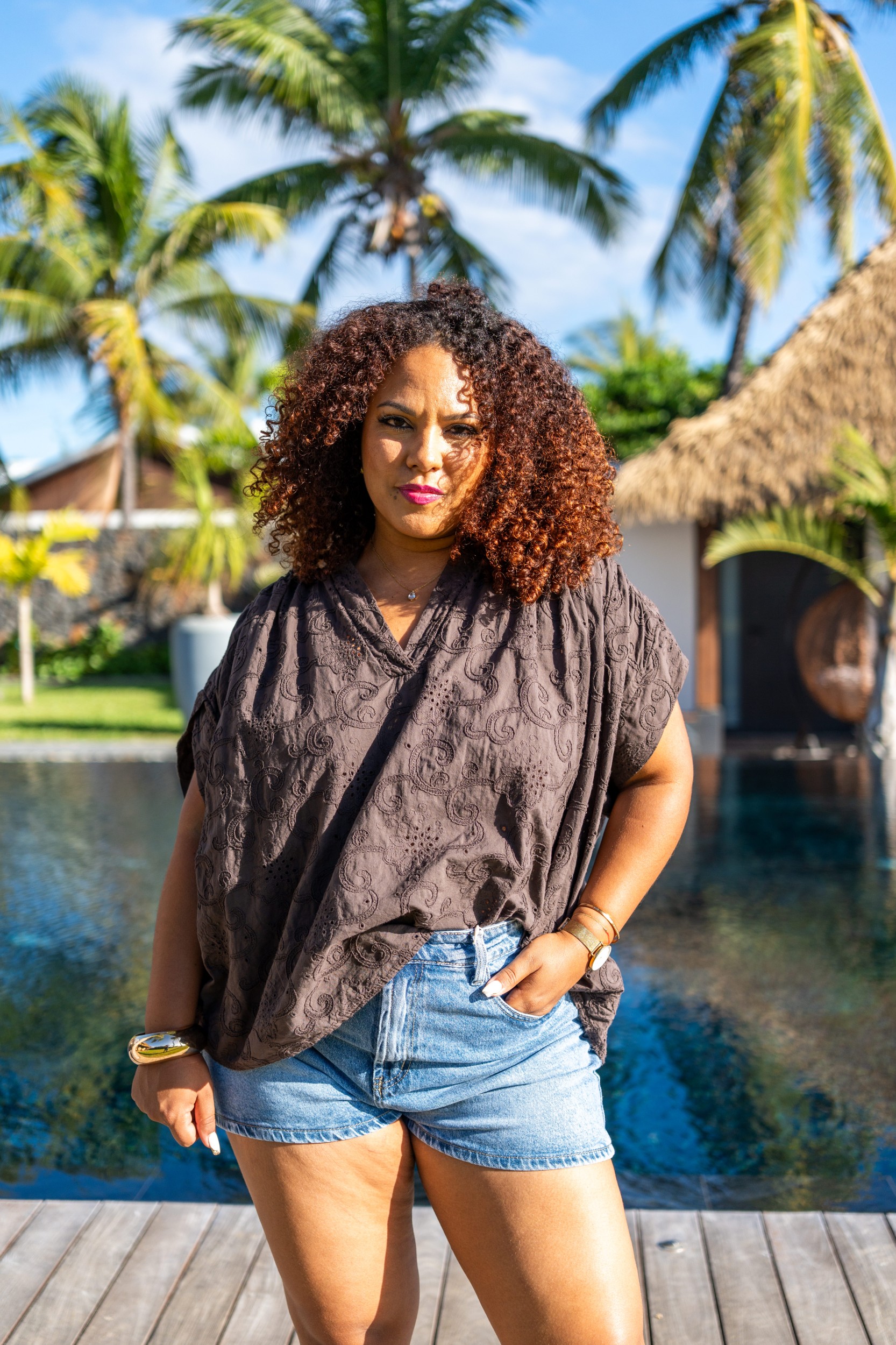 Haut broderie anglaise , Chocolat, Taille unique