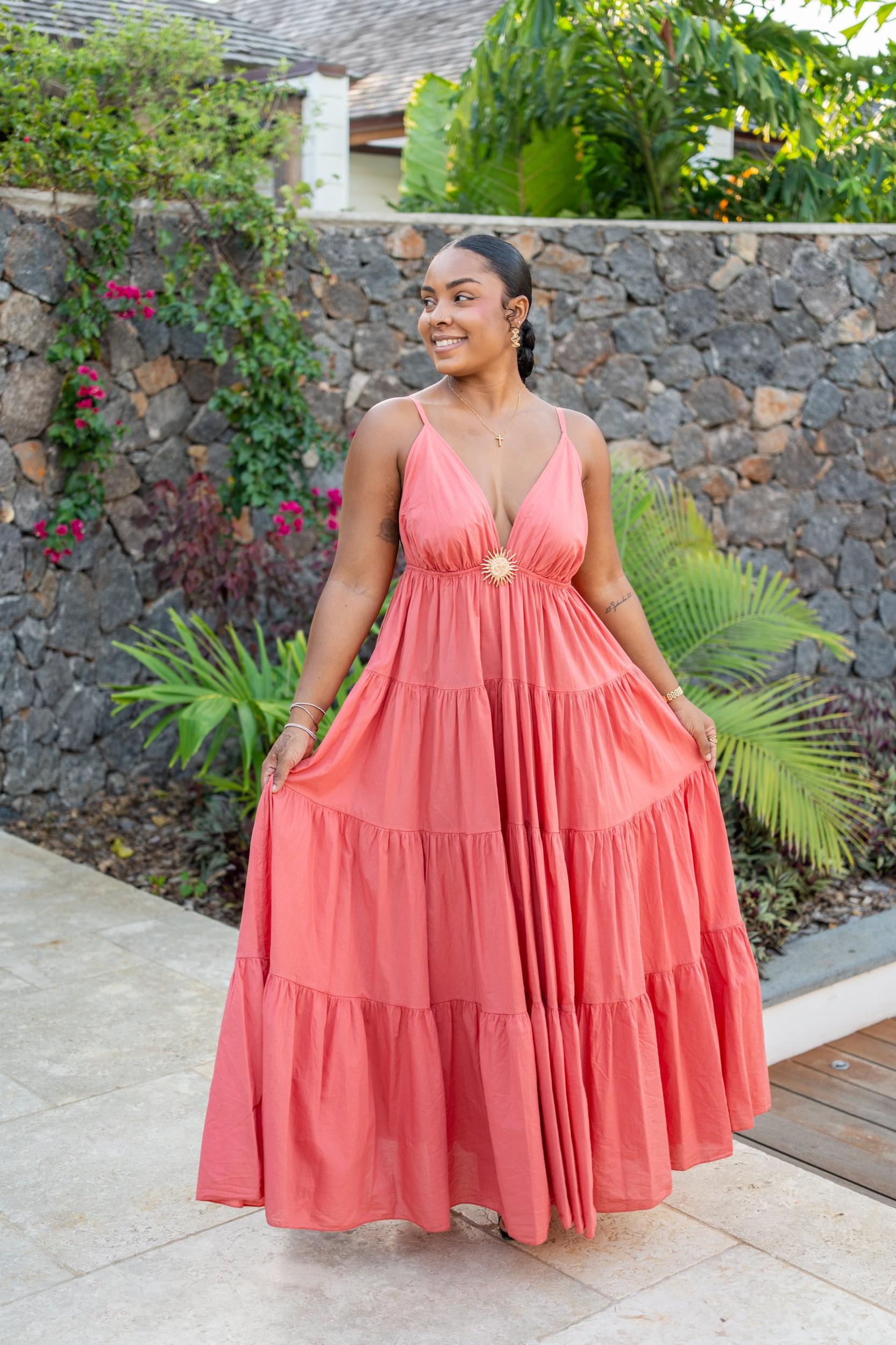 Robe "broche soleil", Corail, Taille unique