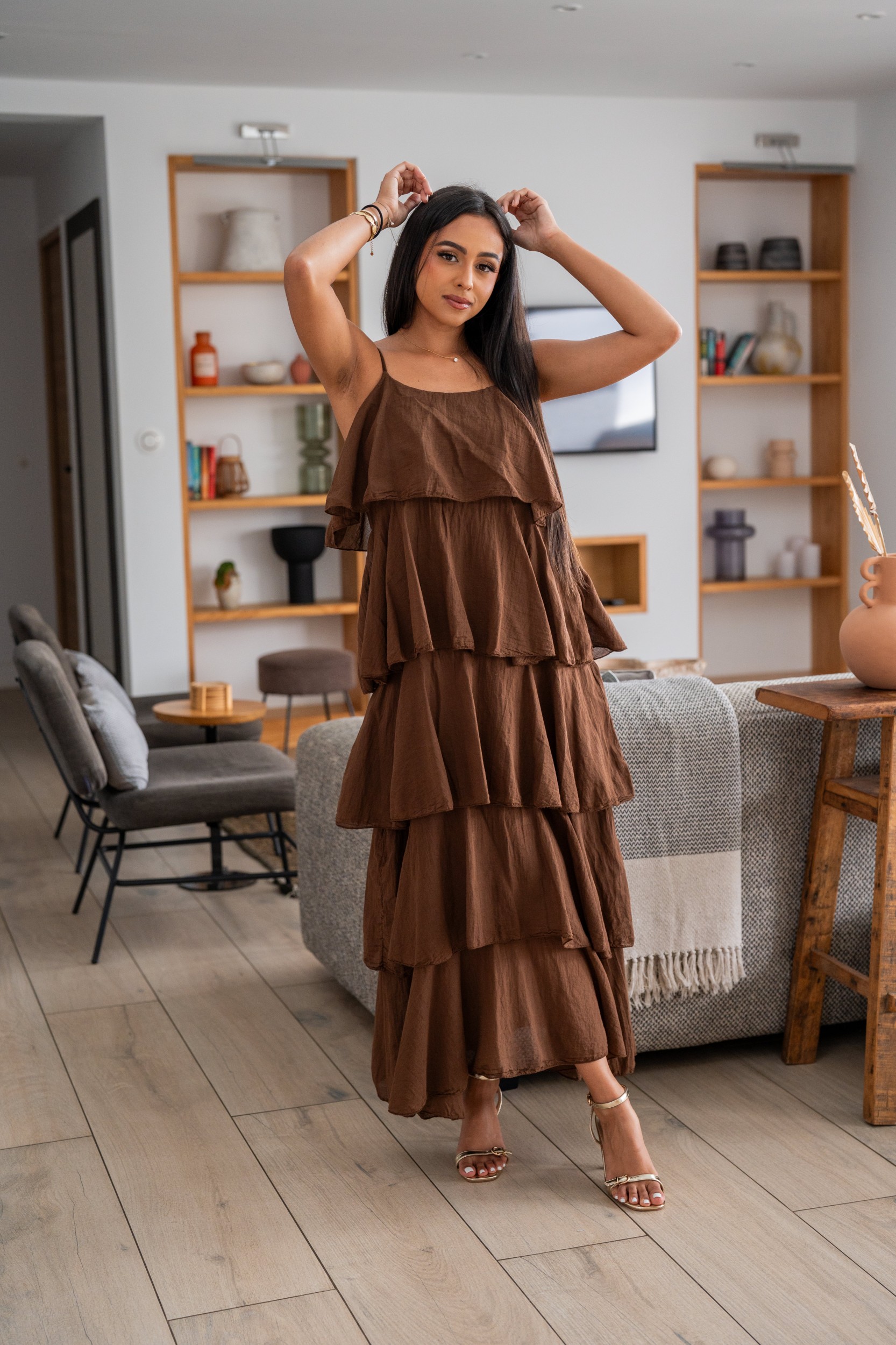 Robe longue &agrave; volants, Corail, Taille unique