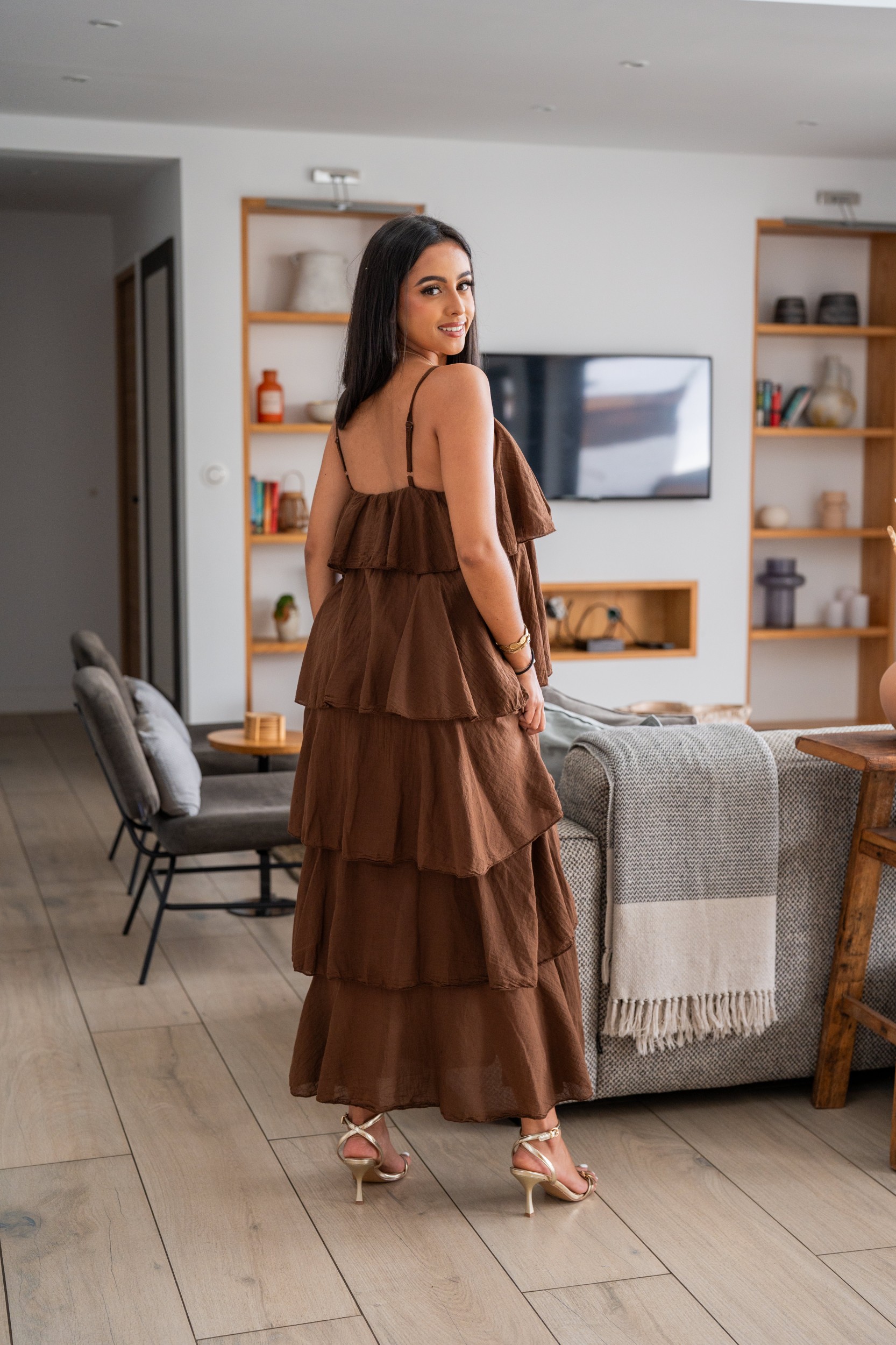 Robe longue &agrave; volants, Corail, Taille unique