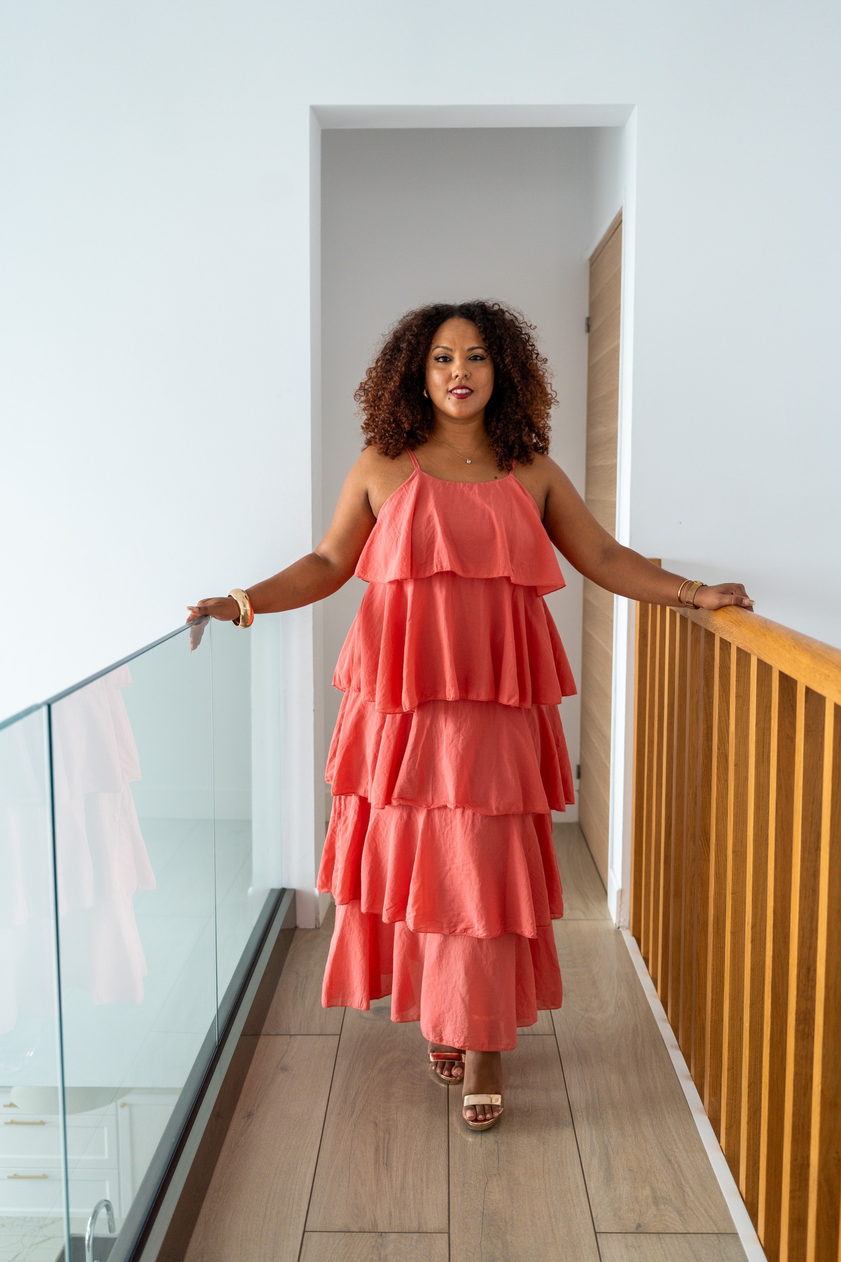 Robe longue &agrave; volants, Corail, Taille unique