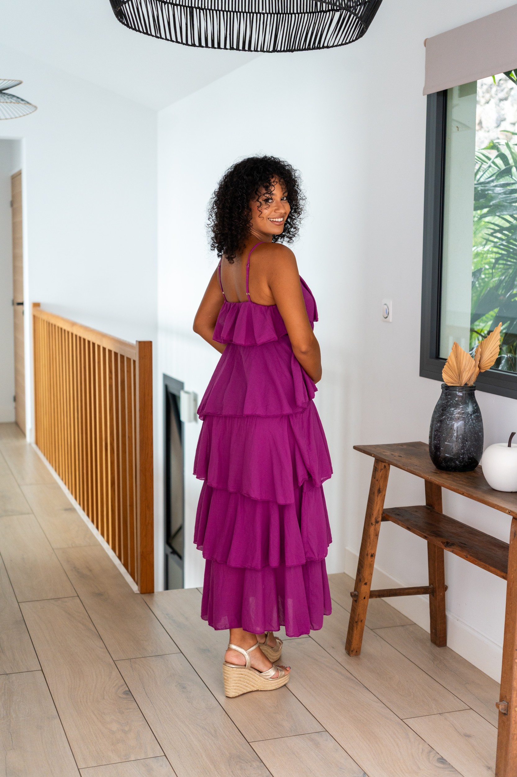 Robe longue &agrave; volants, Corail, Taille unique