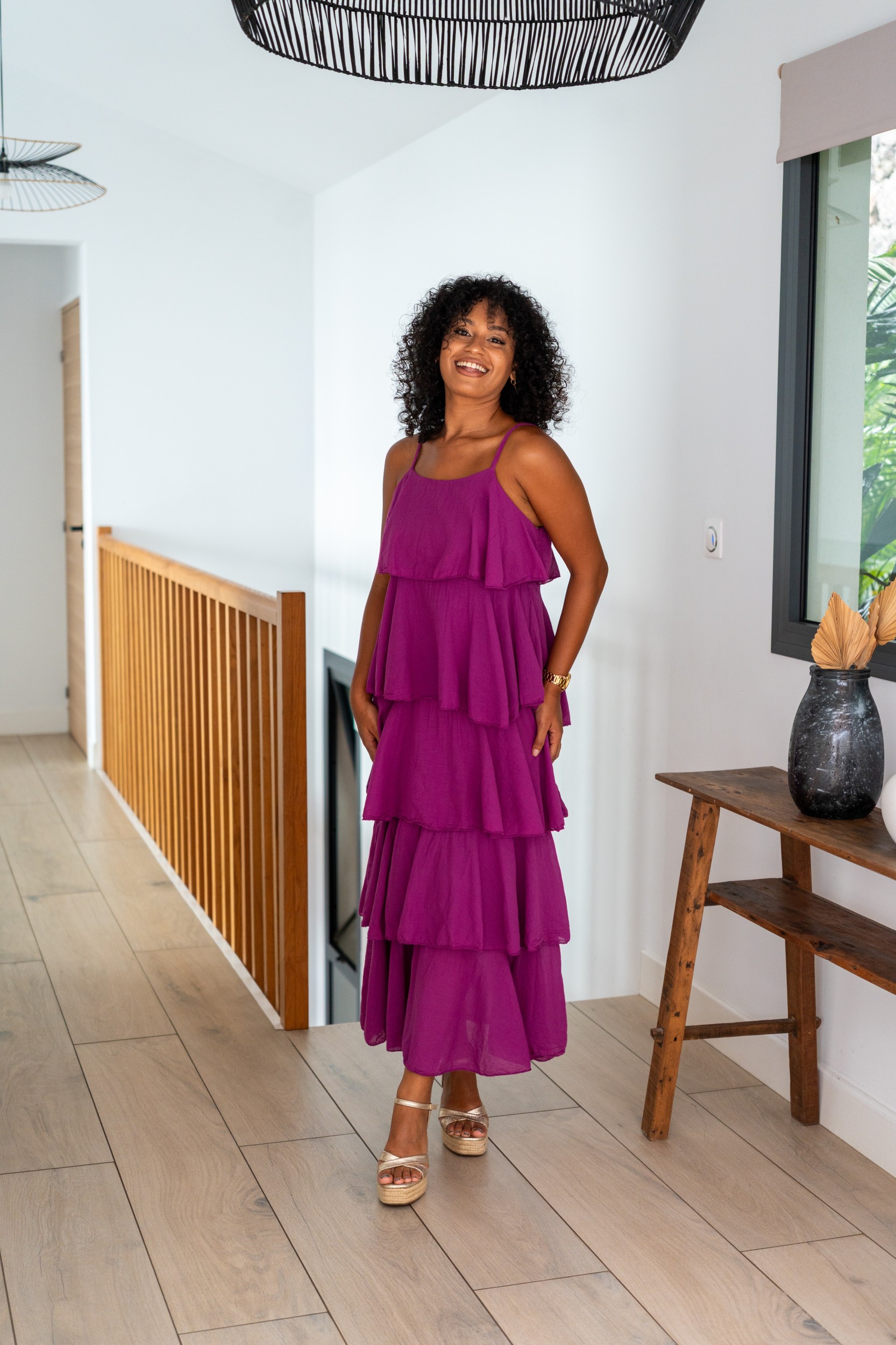 Robe longue &agrave; volants, Corail, Taille unique
