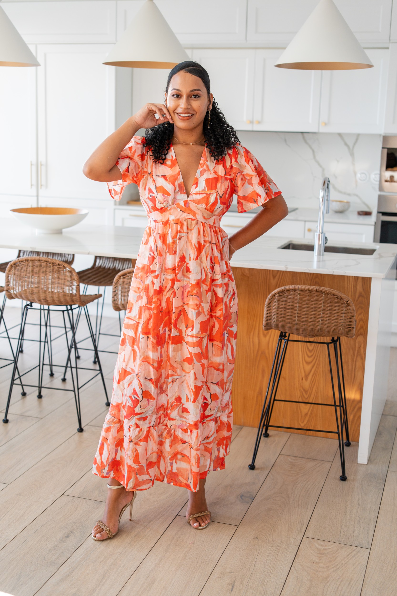 Robe longue imprim&eacute;e, Orange, L/XL
