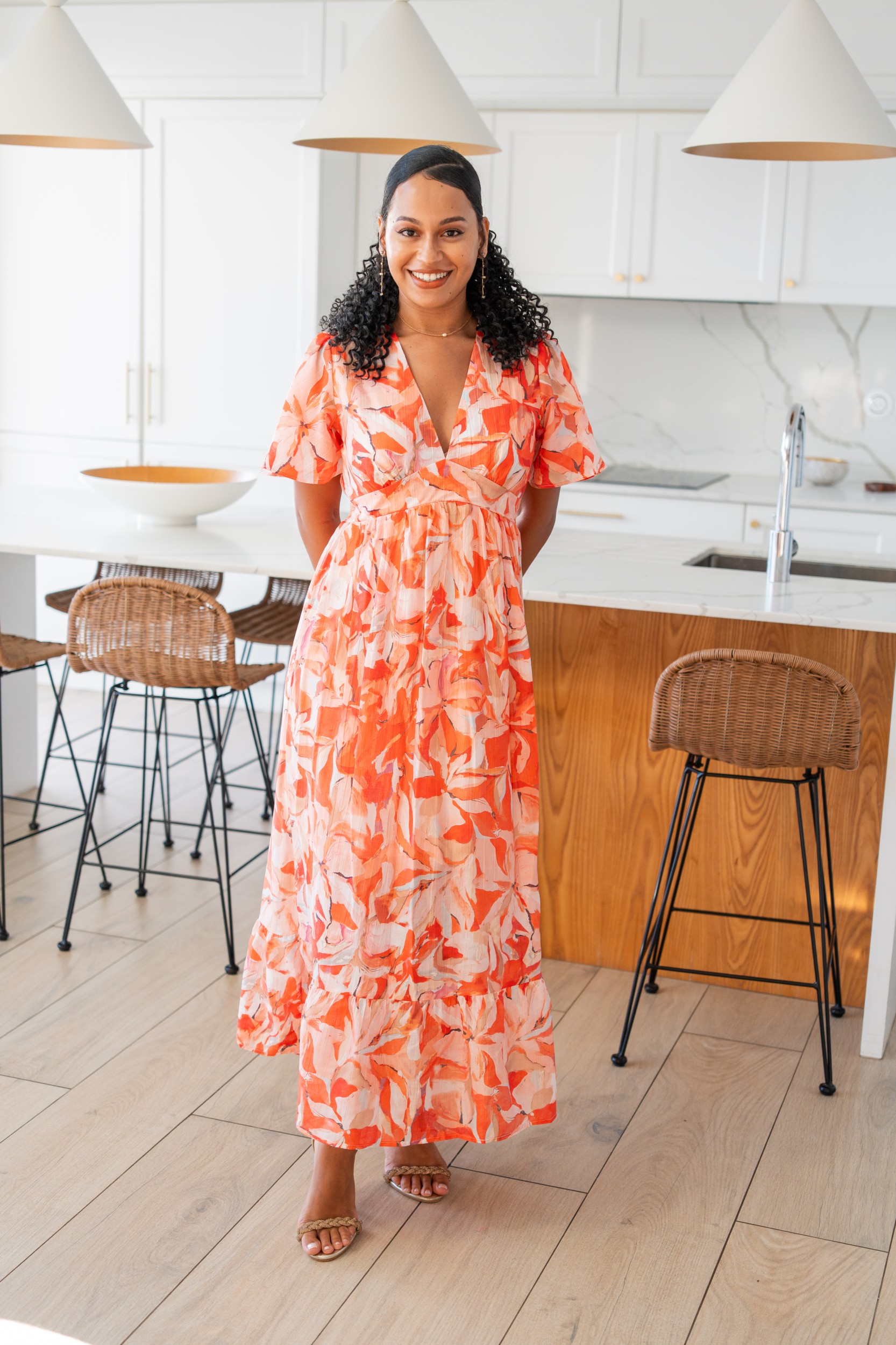Robe longue imprim&eacute;e, Orange, L/XL