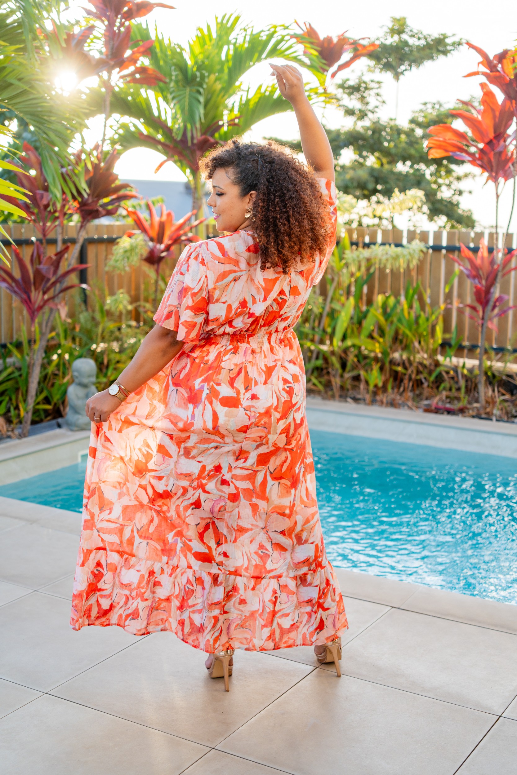 Robe longue imprim&eacute;e, Orange, L/XL