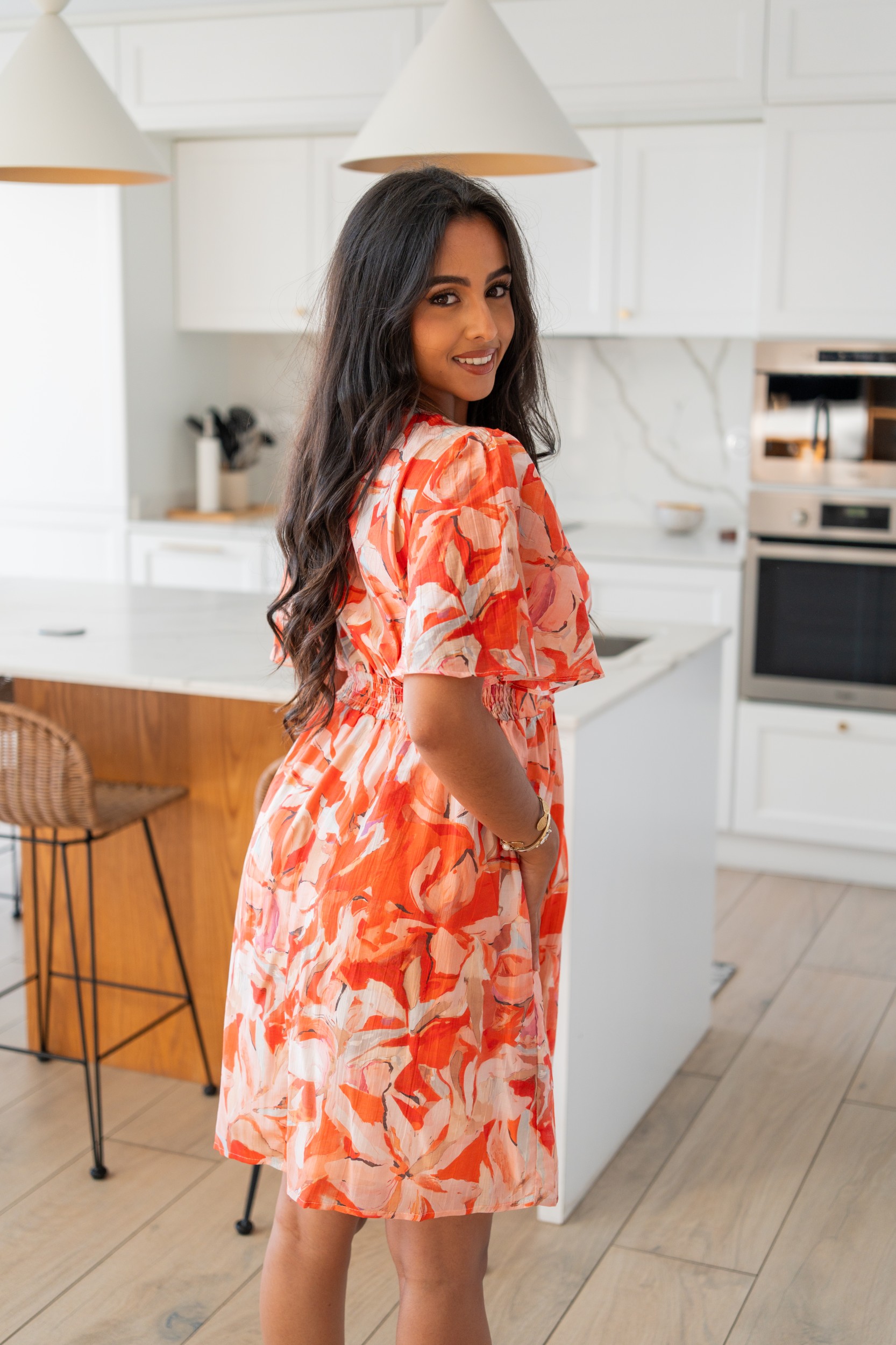 Robe imprim&eacute;e &agrave; fleurs, Orange, L/XL