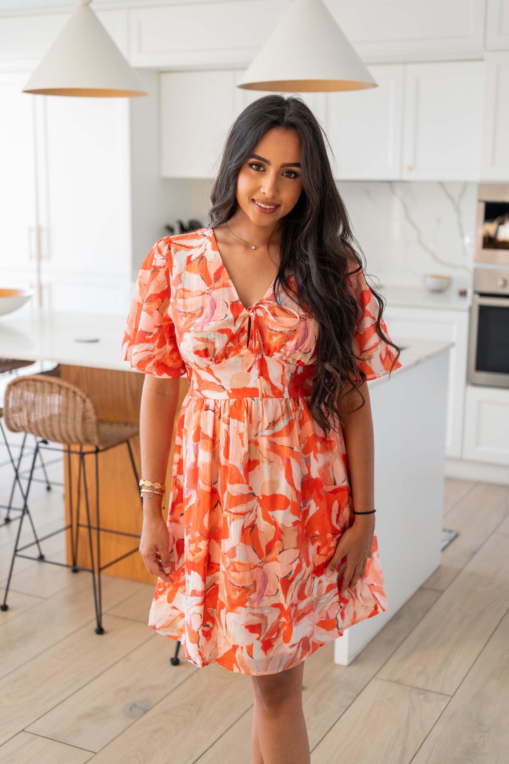 Robe imprim&eacute;e &agrave; fleurs, Orange, L/XL