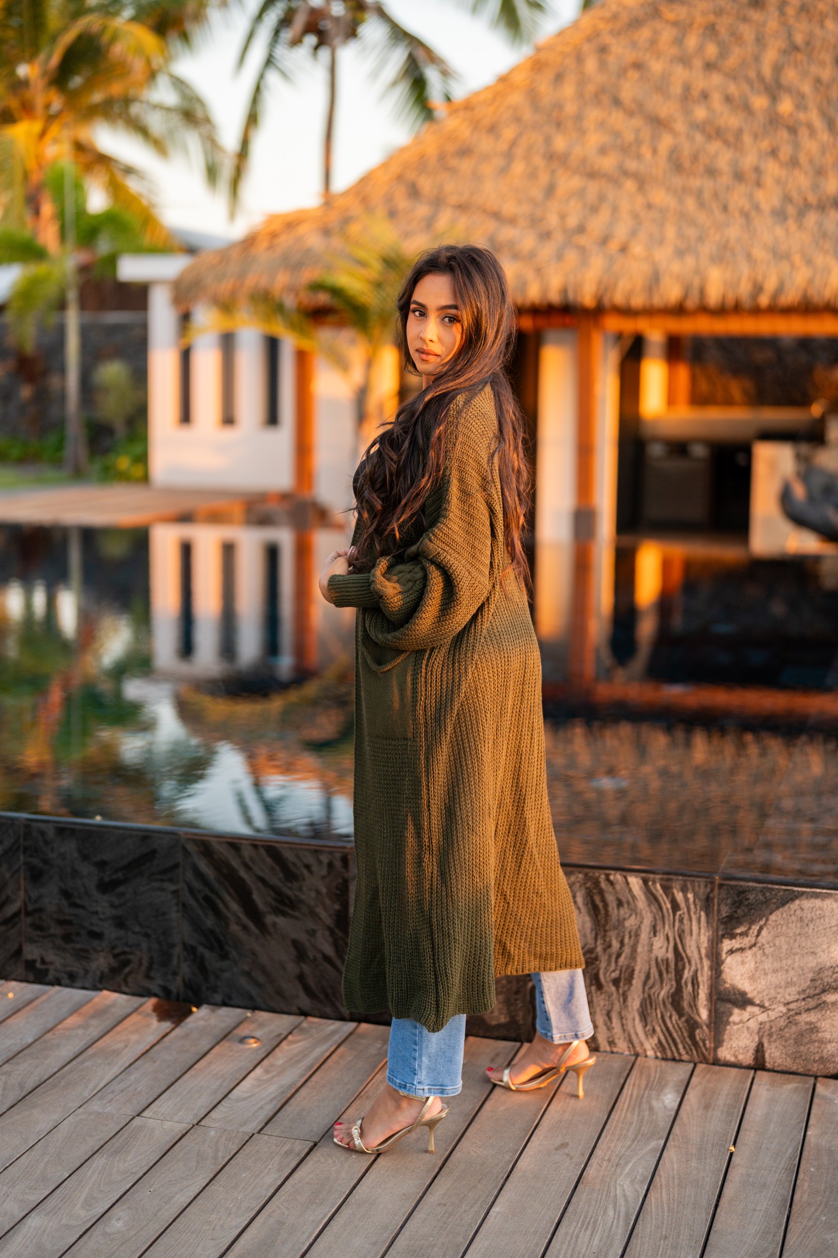 Gilet pull long, Kaki, Taille unique