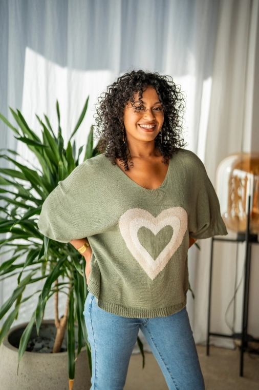 Pull à motif coeur , Kaki, Taille unique