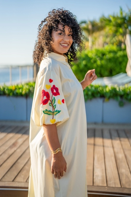 Robe chemise brodée fleuries, Jaune, Taille unique