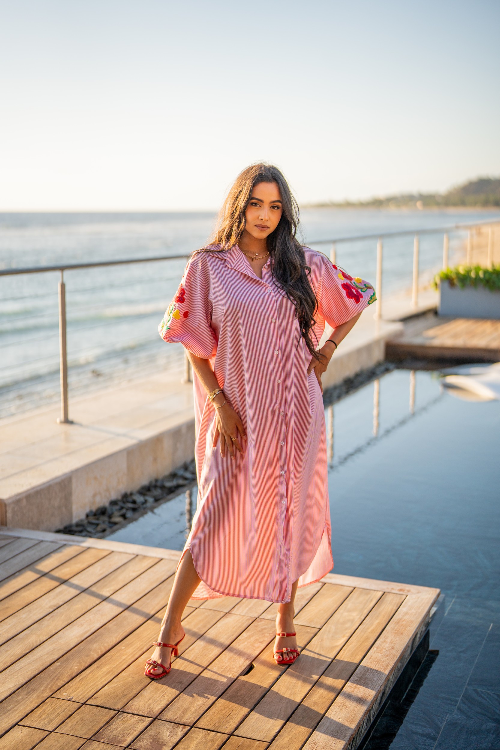 Robe chemise brod&eacute;e fleuries, Jaune, Taille unique