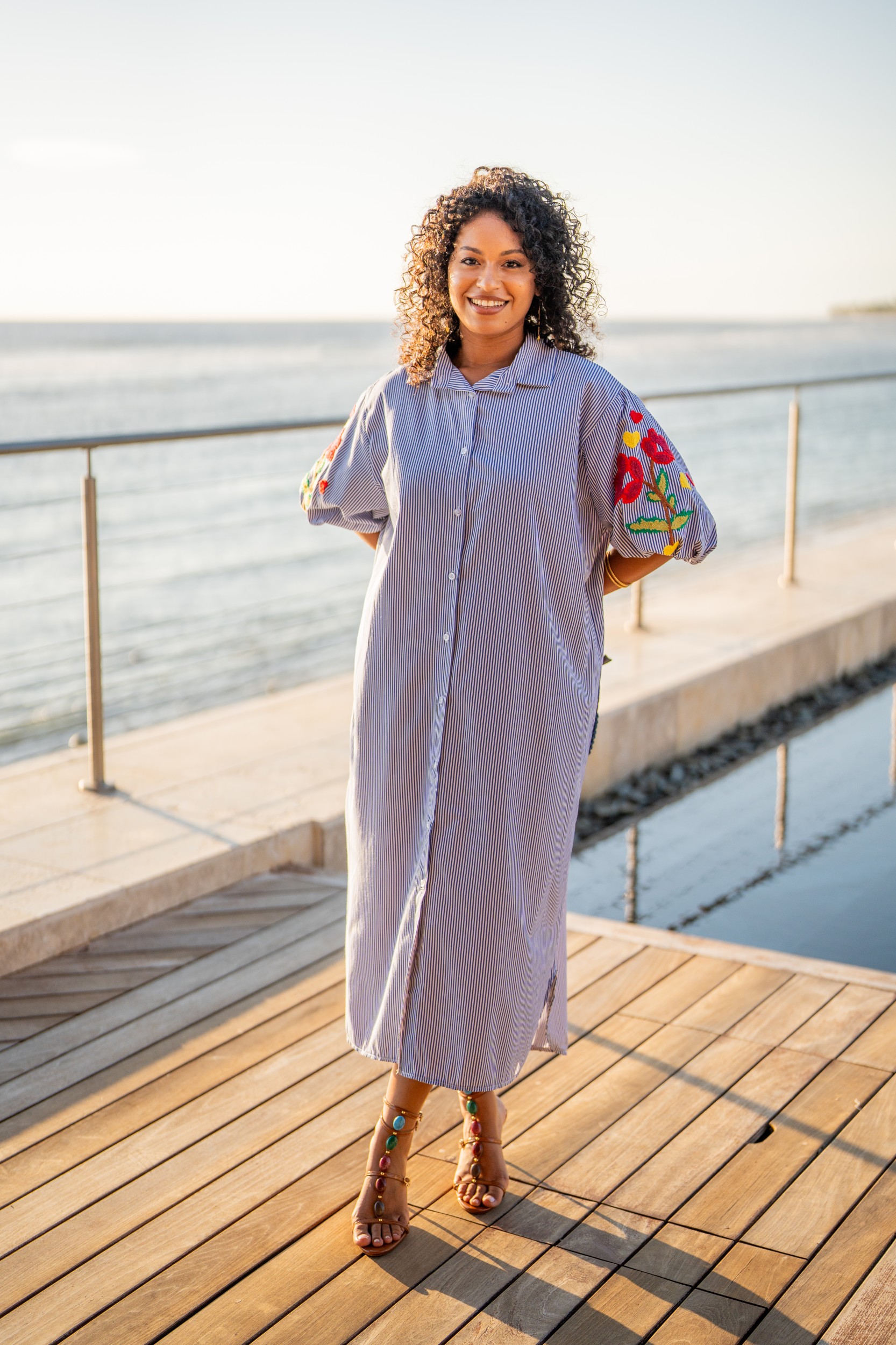 Robe chemise brod&eacute;e fleuries, Jaune, Taille unique