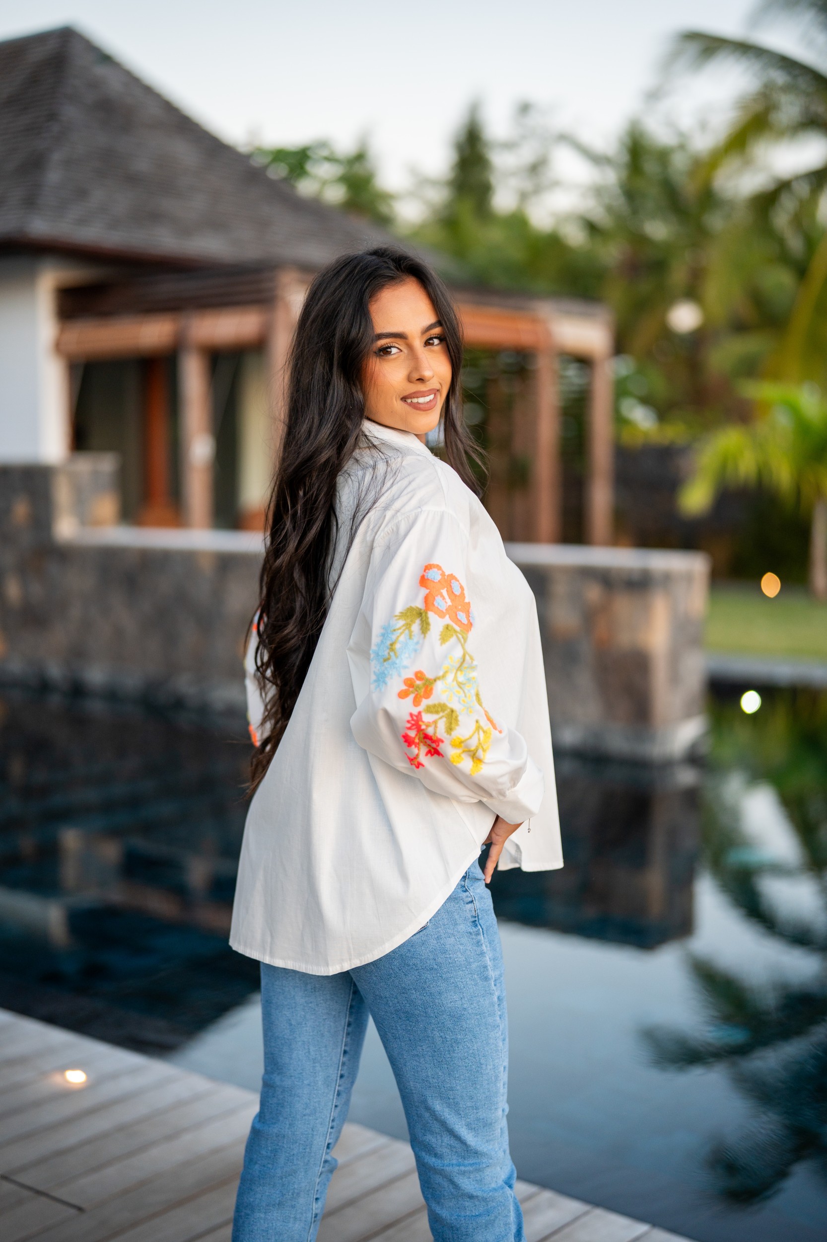 Chemise brod&eacute;e fleuries , Blanc, Taille unique