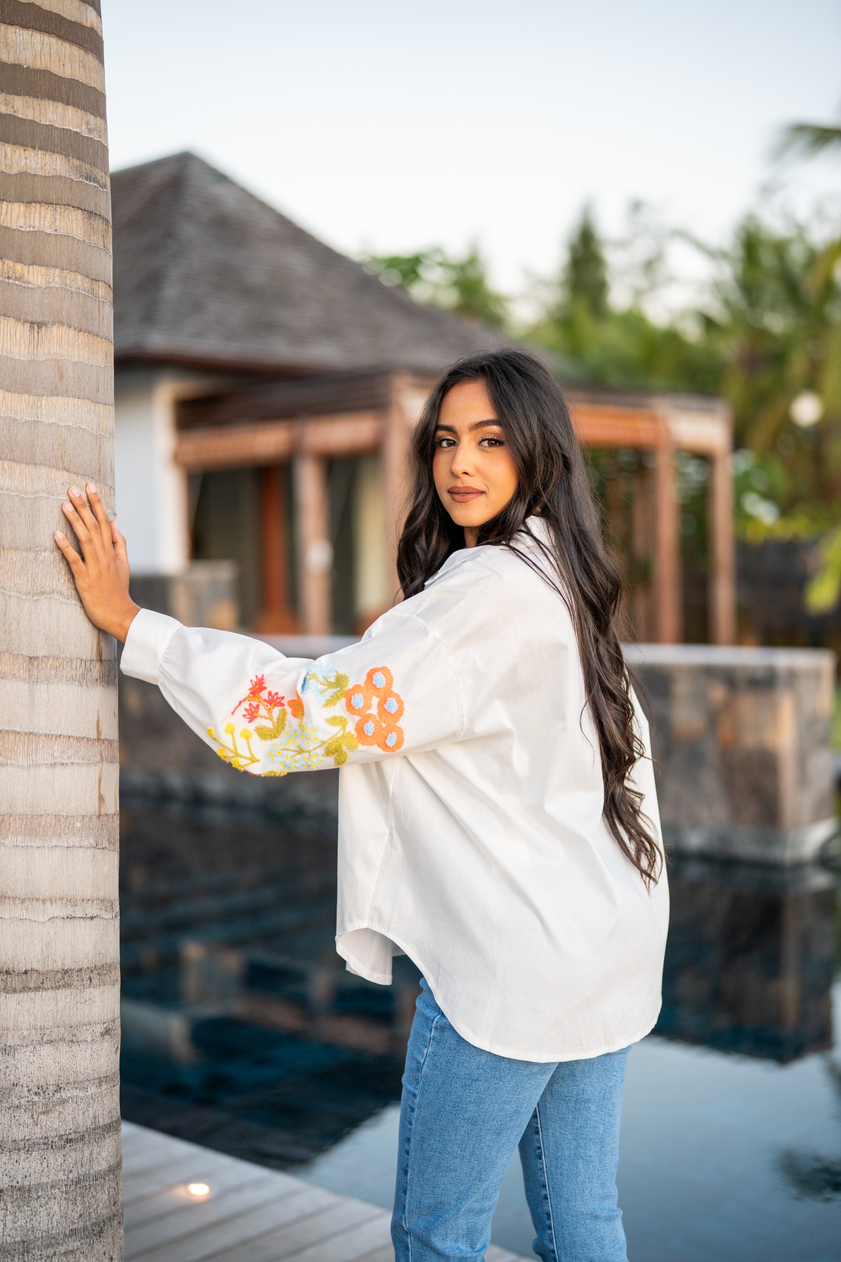 Chemise brod&eacute;e fleuries , Blanc, Taille unique