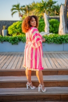 Robe courte à rayures gaze de coton, Fushia, Taille unique