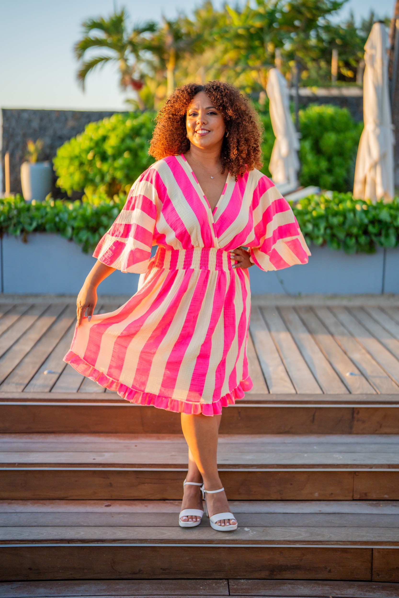 Robe courte &agrave; rayures gaze de coton, Fushia, Taille unique