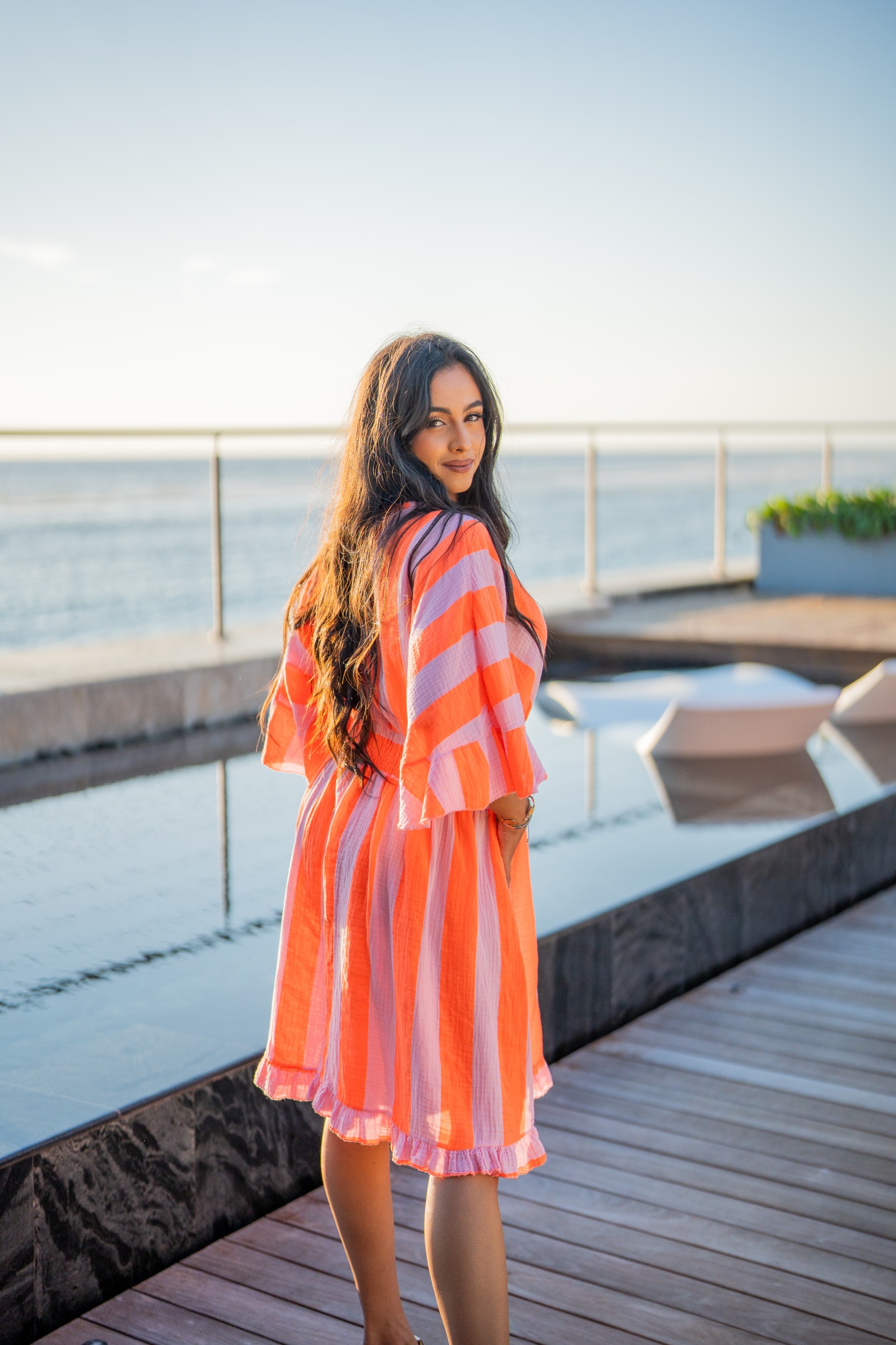Robe courte &agrave; rayures gaze de coton, Fushia, Taille unique