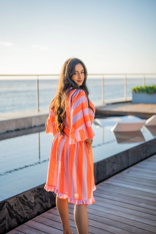 Robe courte à rayures gaze de coton, Fushia, Taille unique