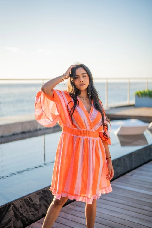 Robe courte à rayures gaze de coton, Fushia, Taille unique
