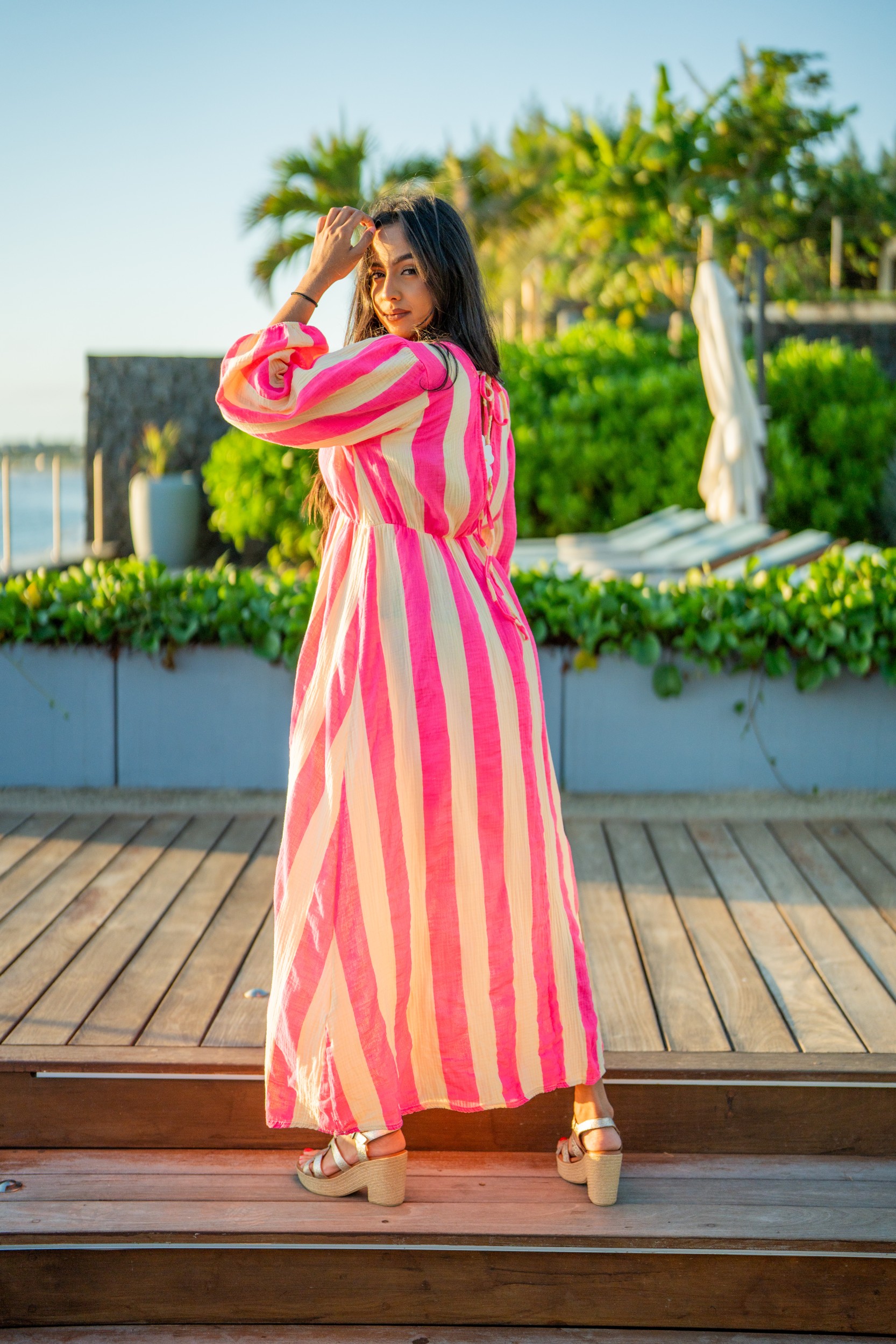 Robe longue &agrave; rayures gaze de coton, Fushia, Taille unique
