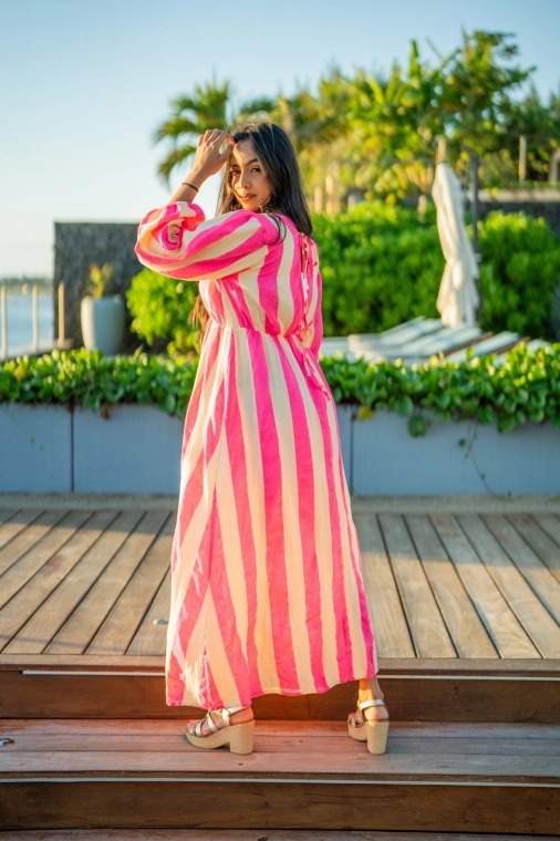 Robe longue à rayures gaze de coton, Fushia, Taille unique