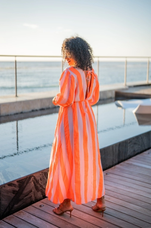 Robe longue à rayures gaze de coton, Fushia, Taille unique