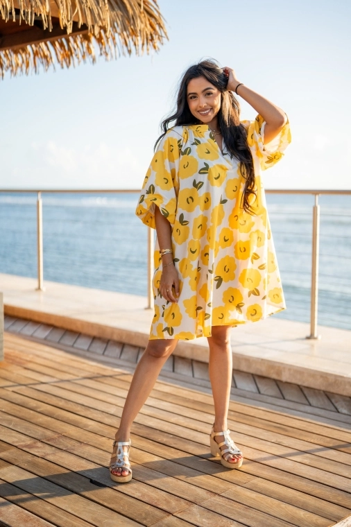 Robe courte à motifs fleurs, Jaune, Taille unique