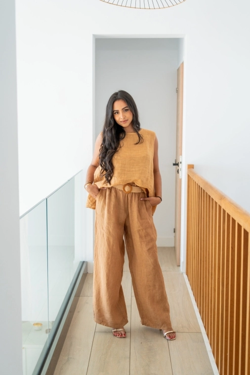 Pantalon lin, Camel, Taille unique
