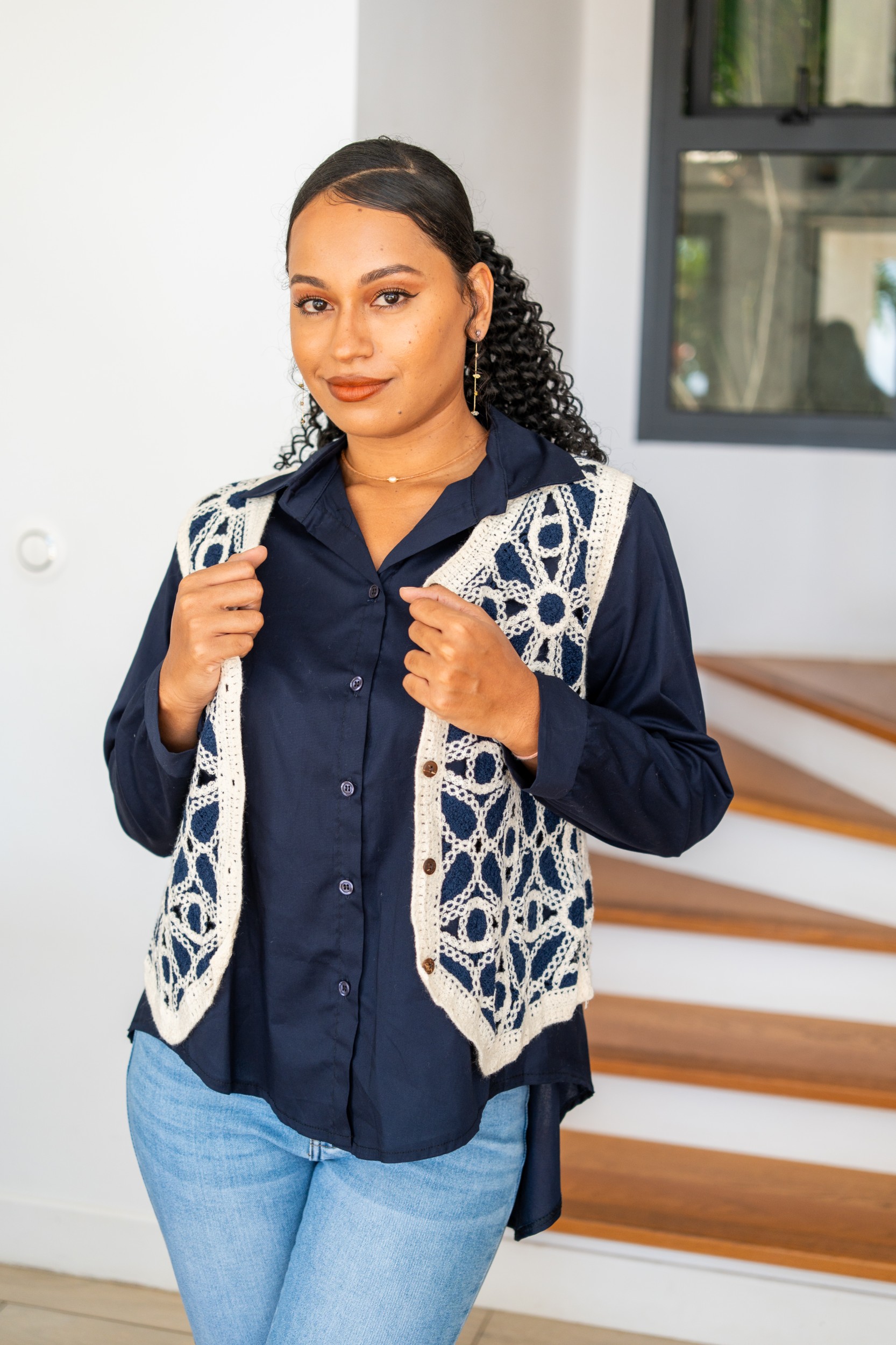 Gilet brod&eacute;, Beige, Taille unique