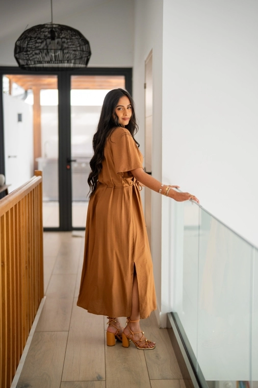 Robe longue avec ceinture, Camel, S