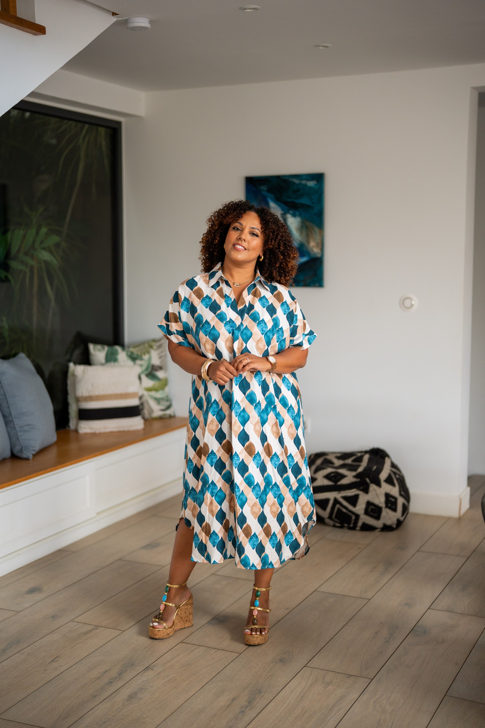 Robe mi longue imprim&eacute;e, Bleu, T1 (38/40)